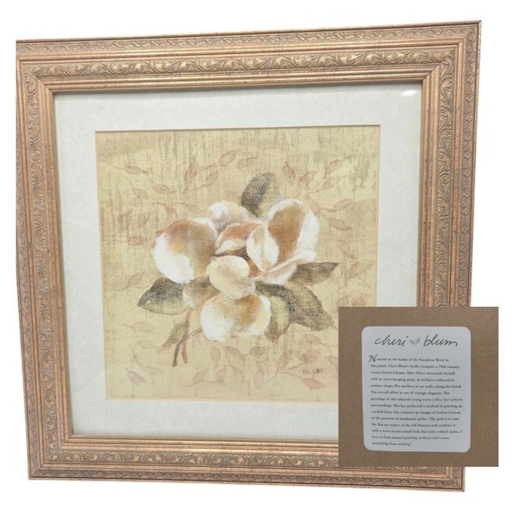 Cheri Blum Magnolia Art Print In Antique Style Gilded Wooden Frame Signed 15in - Picture 1 of 8